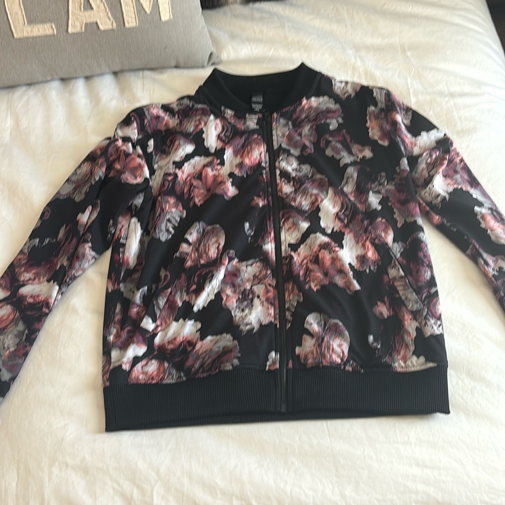 Victoria Secret Zip Up Bomber Jacket Black and Floral Women’s Large